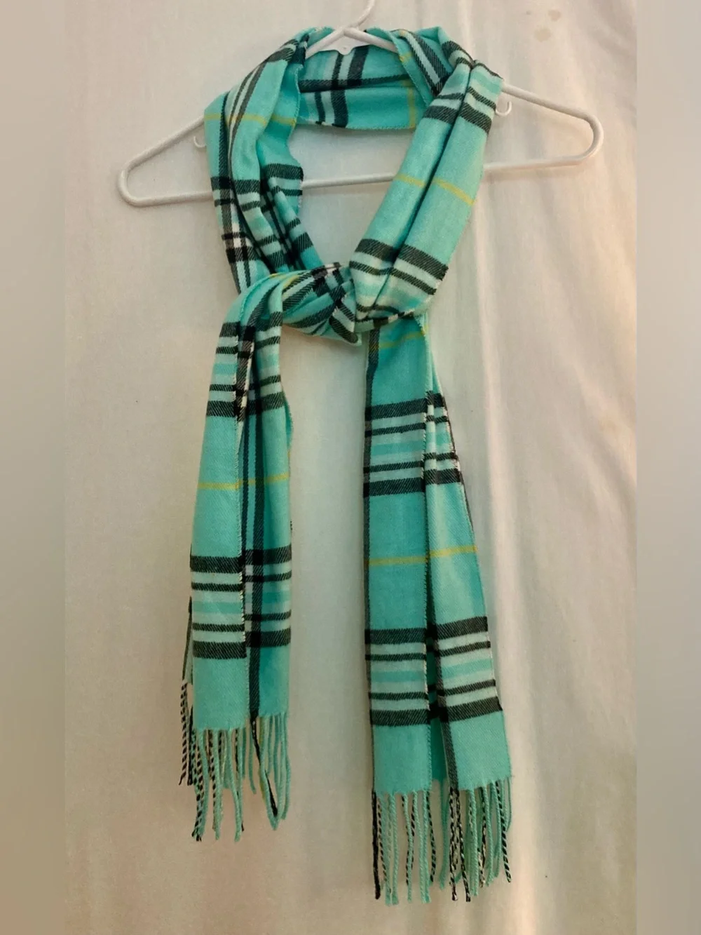 Turquoise Cashmere Feel Plaid Scarf with Fringe Size 76”x13”